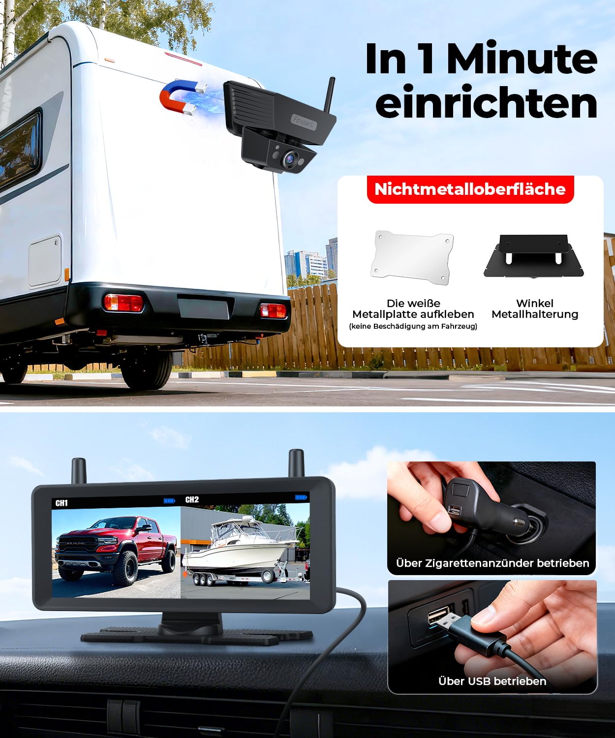 Zwei Solar Rückfahrkamera Kabellose Magnet : 2 Min DIY Installation 7,2 Zoll 1080P Dual Channel Monitor mit DVR Aufnahme Dual Rückfahrkameras Wohnmobil Camper Anhänger Pferdeanhänger