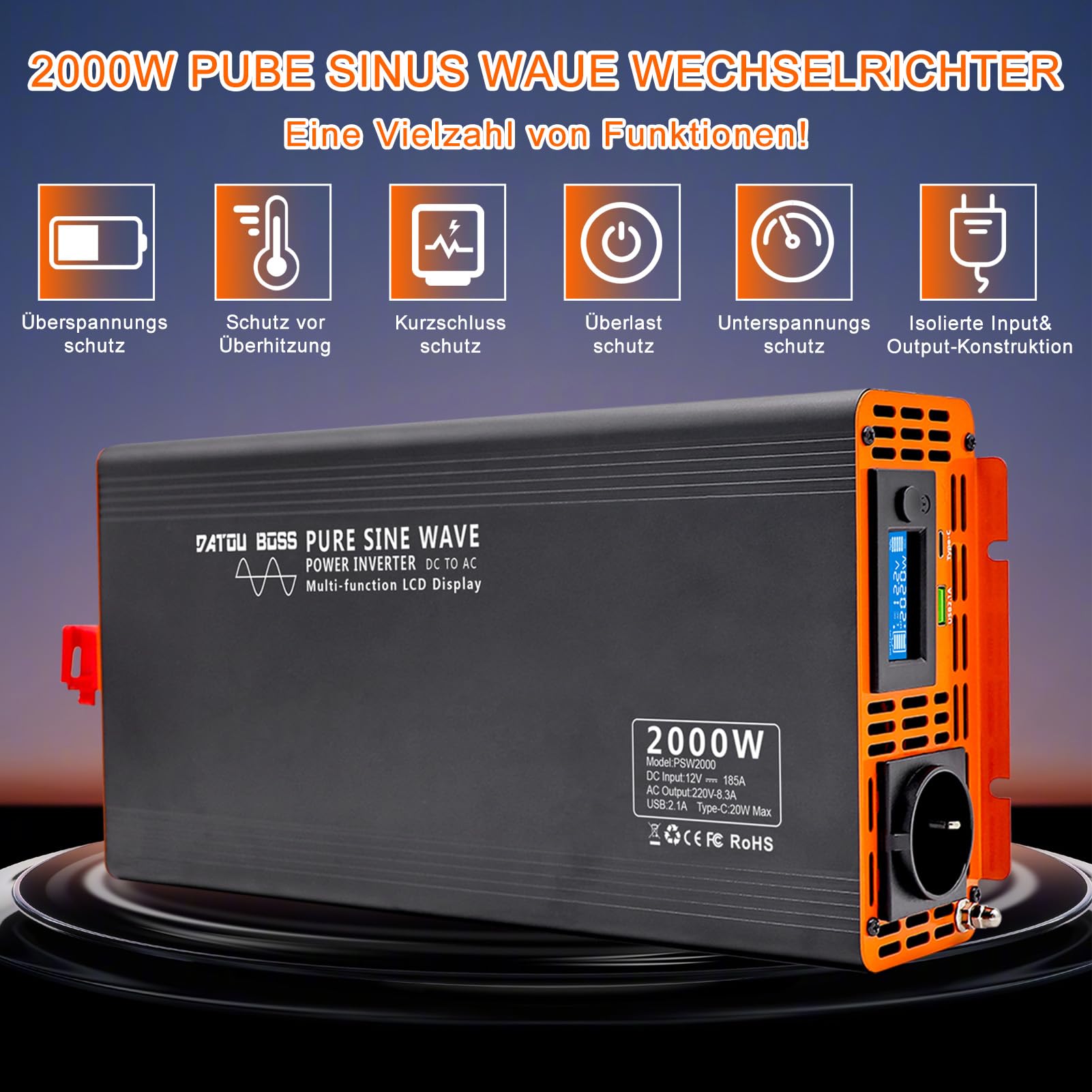 DATOUBOSS Wechselrichter 12v auf 230v 2000W/4000W Reiner Sinus Spannungswandler Power Inverter mit LCD-Bildschirm 1 Type-c und 1 USB Anschlüsse für Wohnmobil Auto
