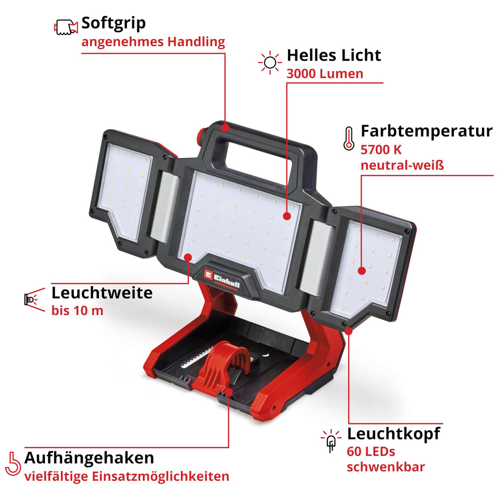 Einhell Akku-Lampe TP-CL 18/3000 Li-Solo Power X-Change (18 V, 3000 lm, schwenkbarer Leuchtkopf, klappbare Leuchtpaneele, 60 LEDs, Helligkeitsregulierung, ohne Akku)