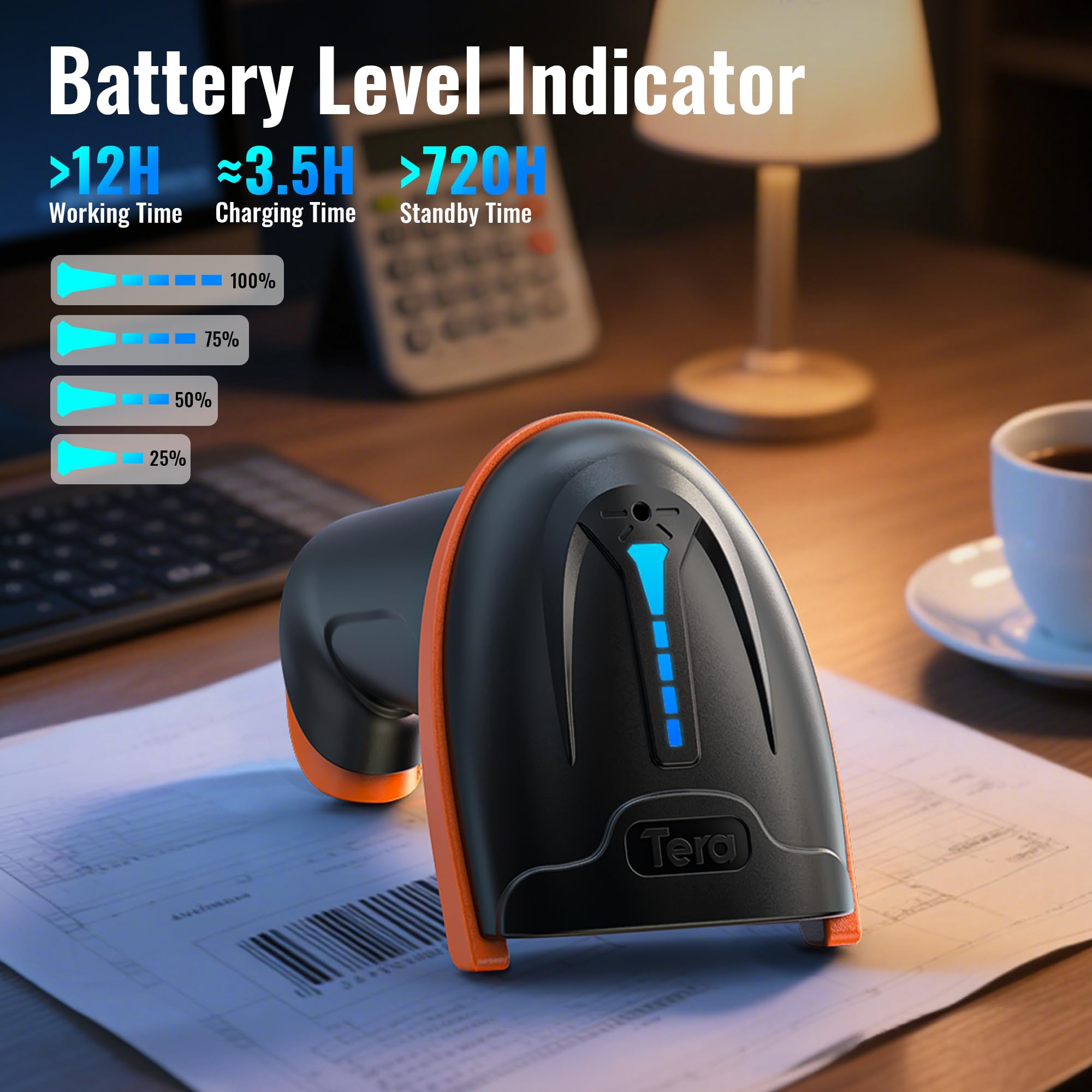 Tera Barcode Scanner 1D 2D QR Wireless Kabellos 2,4 GHz + Wired USB 2,0 Kabelgebunden Handscanner Barcodelesegerät 5 Mil Auflösung 100m Reichweite, Bildschirm-Scannen Unterstützt, Upgrade-Modell D5100