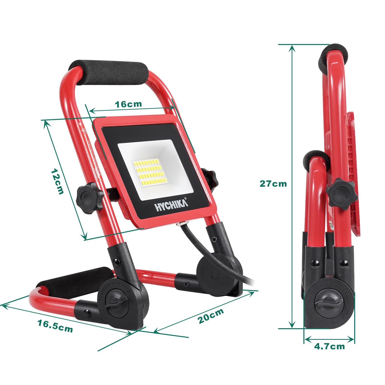HYCHIKA LED Baustrahler 30W, Baustellen Strahler 3500 LM 6500K kaltweiß, IP65 Wasserdicht, Tragbare Arbeitsleuchte, Arbeitsbeleuchtung mit 2m Netzkabel und Stecker