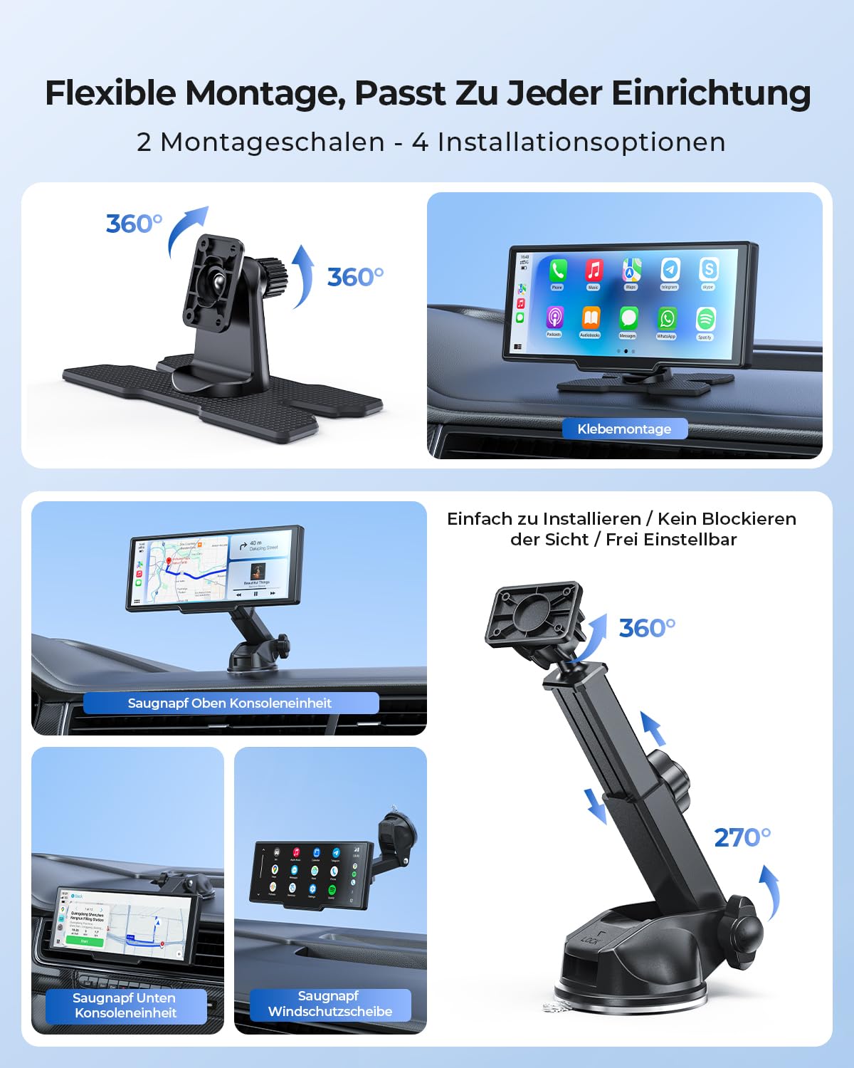 Krunia 9,26" Drahtloses Tragbarer Car Play Display mit 4K-Front- & HD-Rückfahr-Dual-Dashcam für Apple CarPlay & Android Auto mit OTA-Updates, Mirror Link, Bluetooth 5.0, Sprachsteuerung, GPS, FM