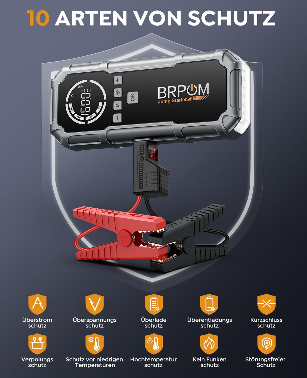 BRPOM Starthilfe Powerbank für Pkw mit Kompressor 160PSI,8000A 26800mAh Auto Starthilfe Powerbank für All Benzin und 12.0L Dieselmotor,Starter Powerbank Eingang/Ausgang und 600LUM LED-Licht
