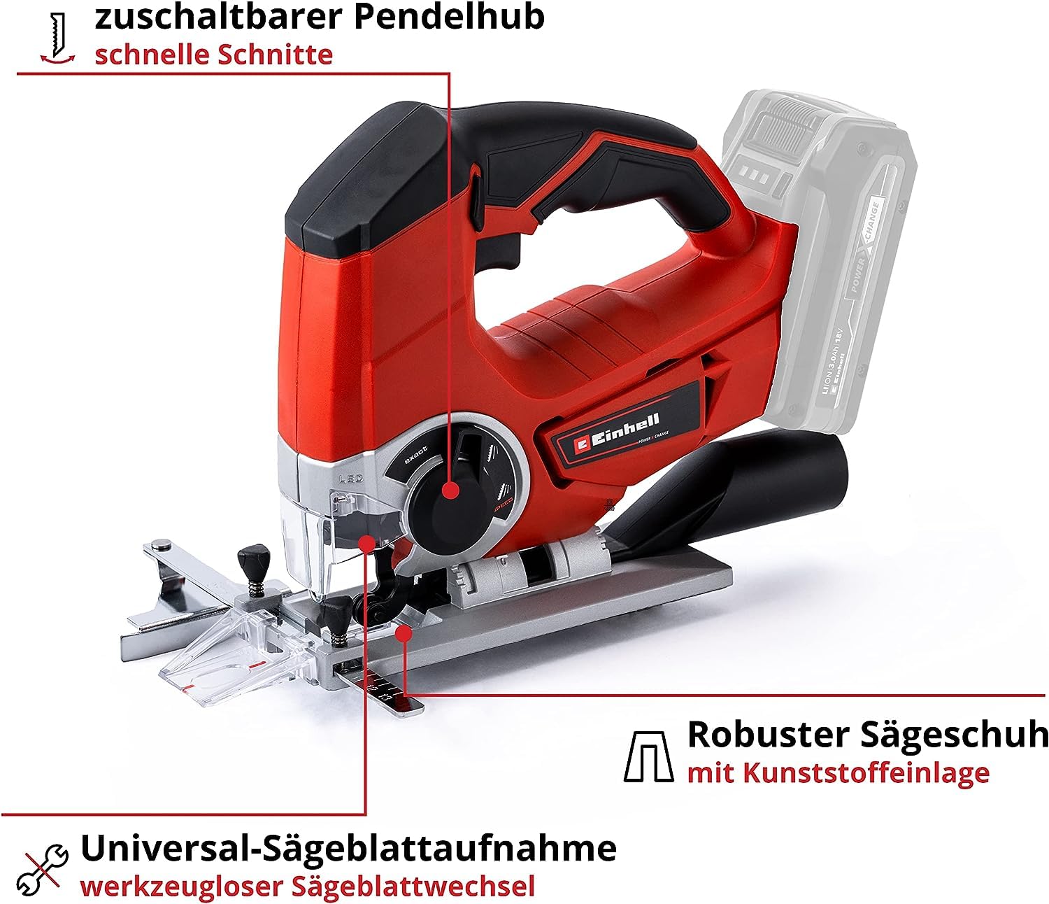 Einhell Akku-Stichsäge TE-JS 18/80 Li-Solo Power X-Change (18 V, max. 80 mm Schnitttiefe, 4-Stufen Pendelhub, Absaugadapter, Parallelanschlag, LED-Licht, ohne Akku)