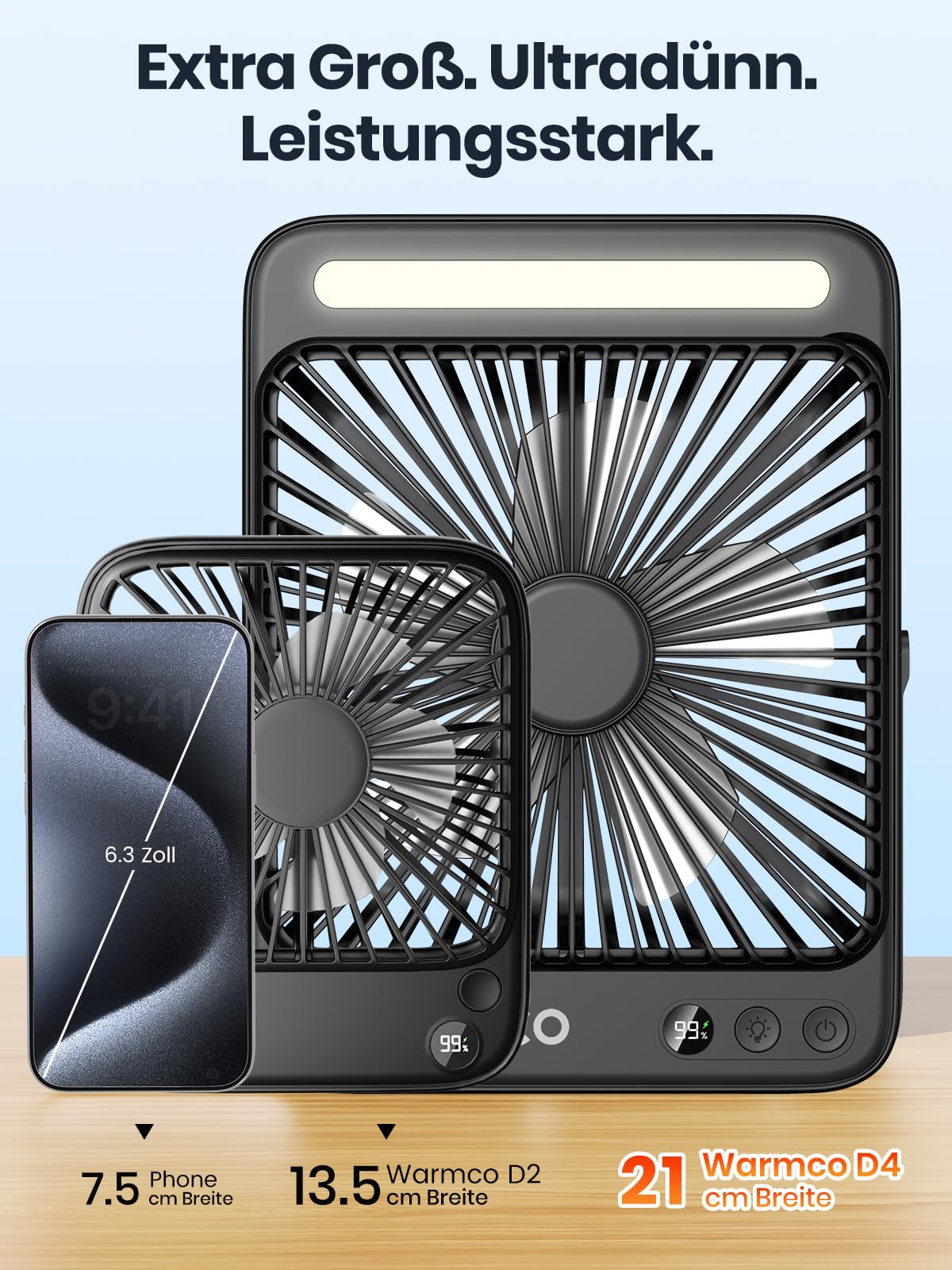Warmco 20000mAh Akku Camping Ventilator 27cm mit Lampe, 15-48 Std. Laufzeit, Ultra-Leise, Ultraflach, Display, Haken, USB Tischventilator für Zelt, Outdoor, Reisen, Büro, Wohnmobil, Schlafzimmer