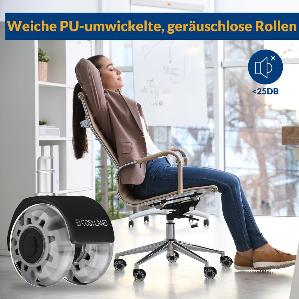 COSYLAND Bürostuhl Rollen 11mm x 22 mm - 5er Set Rollen für Bürostühle - Super Leise und Weiche für Hartböden, Parkett, Teppich, Laminat, Keine Bodenschutzmatte Nötig, Grau Doppelräder