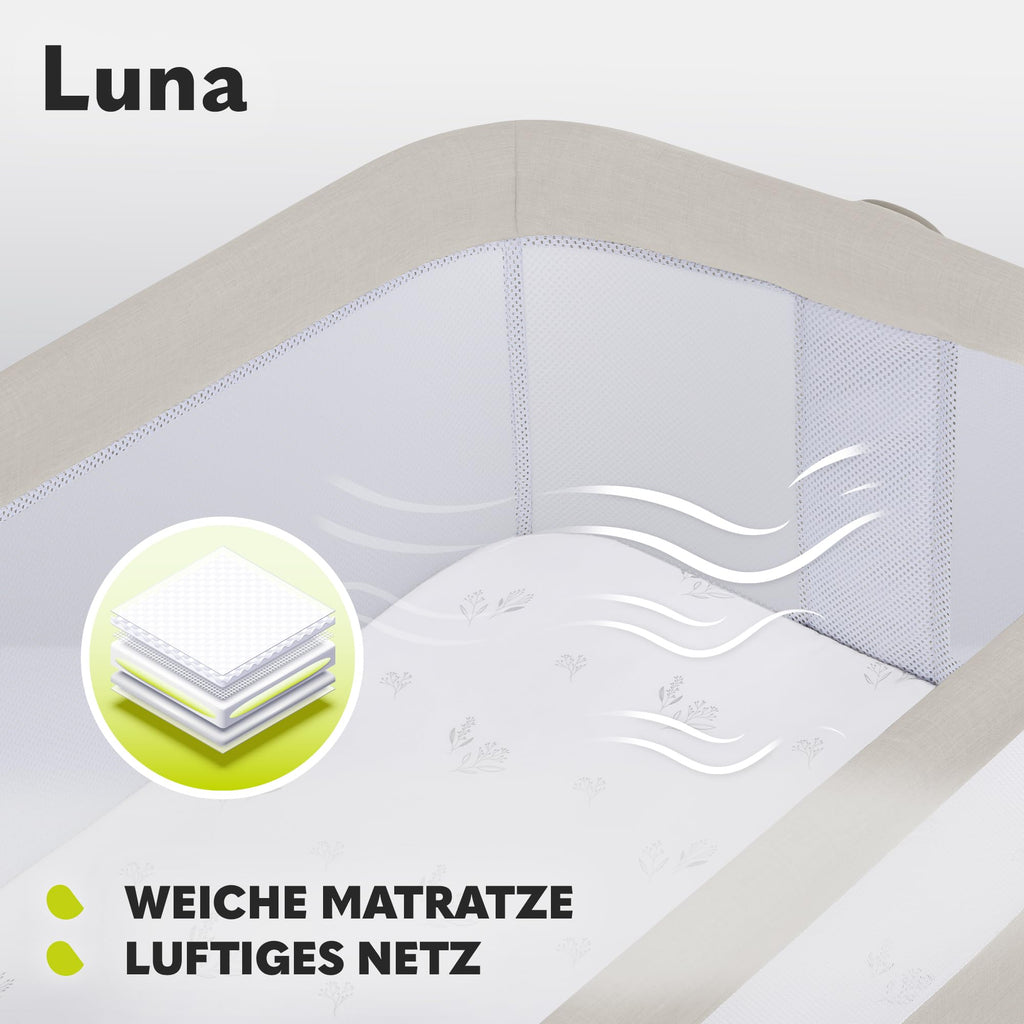 Lionelo Luna EIN tragbares Beistellbett mit Einer Matratze, reisebett, von Neugeboren bis 9 kg, in der Höhe und der Neigung verstellbar, 4 Rädern mit Bremse, Befestigung zum Elternbett (Beige)
