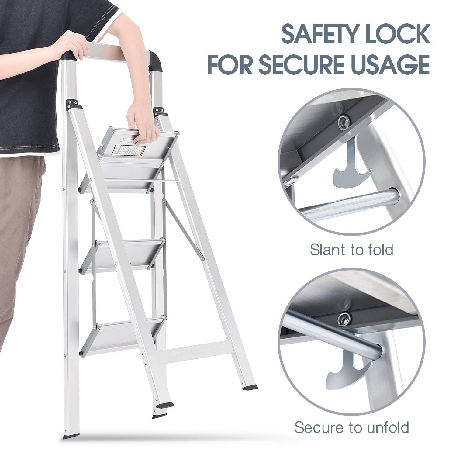 KINGRACK Leiter Aluminium, Trittleiter 3 stufen klappbar, leiter 3 stufen mit Handlauf Belastbar bis 150 kg, rutschfeste Haushaltsleiter mit Klappsicherung, Aluleiter für Zuhause, Büro, Garten, Silber