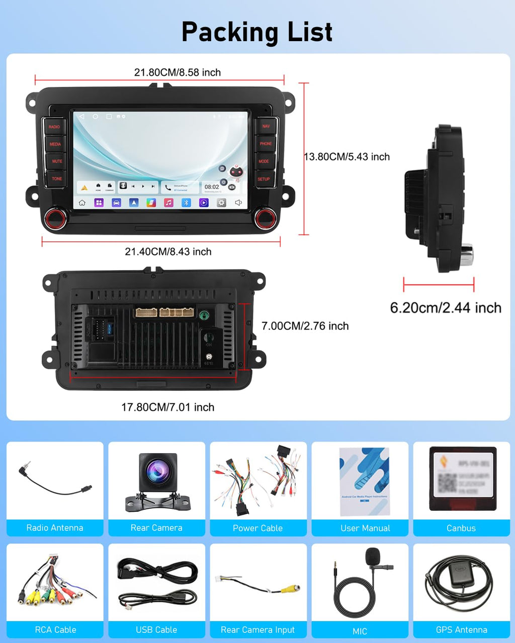 NHOPEEW 7 Zoll 2 + 64G Android Autoradio für VW Passat b6 b7 Golf 5 6 Jetta T5 EOS Polo Touran Seat Sharan - Unterstützung Drahtlos Carplay & Android Auto WiFi GPS FM RDS Mirror Link + Rückfahrkamera