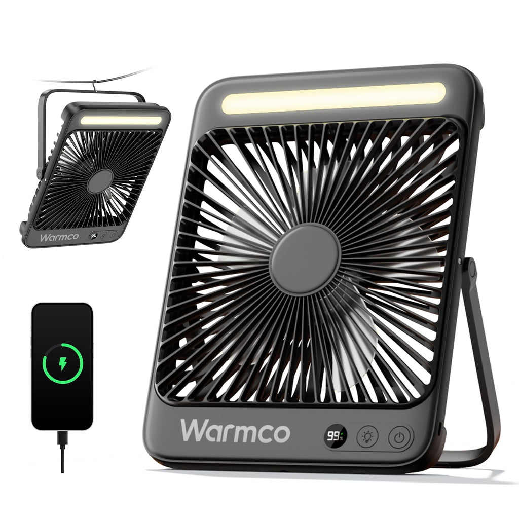 Warmco 20000mAh Akku Camping Ventilator 27cm mit Lampe, 15-48 Std. Laufzeit, Ultra-Leise, Ultraflach, Display, Haken, USB Tischventilator für Zelt, Outdoor, Reisen, Büro, Wohnmobil, Schlafzimmer