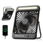 Warmco 20000mAh Akku Camping Ventilator 27cm mit Lampe, 15-48 Std. Laufzeit, Ultra-Leise, Ultraflach, Display, Haken, USB Tischventilator für Zelt, Outdoor, Reisen, Büro, Wohnmobil, Schlafzimmer