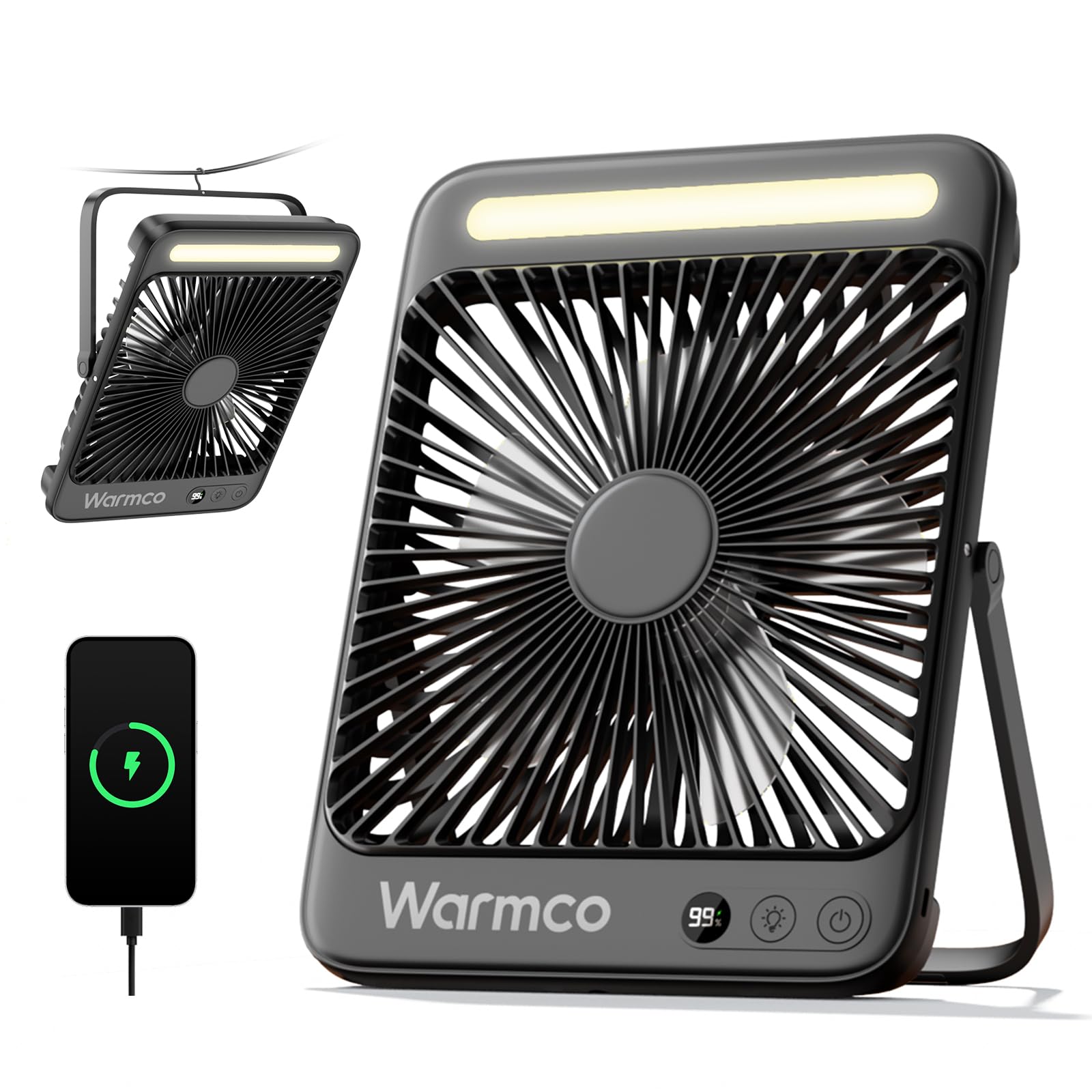 Warmco 20000mAh Akku Camping Ventilator 27cm mit Lampe, 15-48 Std. Laufzeit, Ultra-Leise, Ultraflach, Display, Haken, USB Tischventilator für Zelt, Outdoor, Reisen, Büro, Wohnmobil, Schlafzimmer