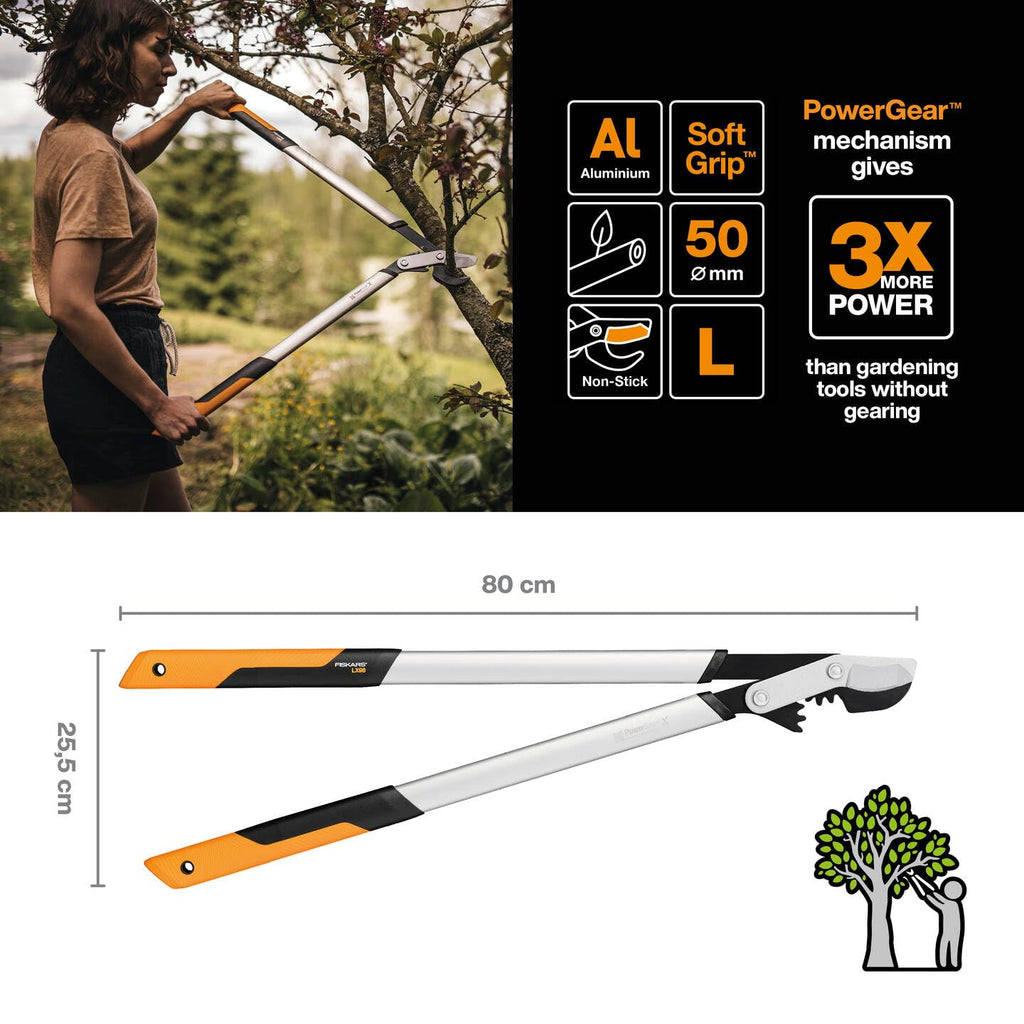 Fiskars PowerGear X Bypass-Getriebeastschere für frisches Holz, Antihaftbeschichtet, Gehärteter Präzisionsstahl, Länge: 80 cm, Schwarz/Orange, LX98-L, 1020188