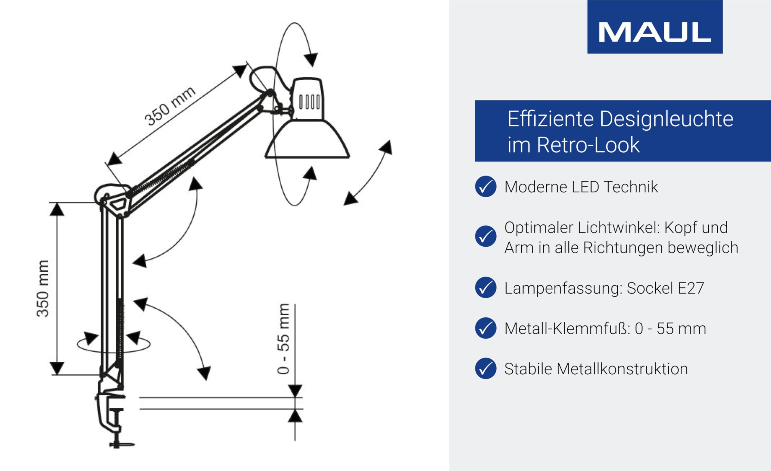 Maul LED Schreibtischlampe MAULstudy | verstellbare Klemmleuchte mit Gelenkarm für Büro, Arbeitszimmer und Schreibtisch | elegante Bürolampe aus Metall | exklusive LED-Leuchtmittel | Weiß