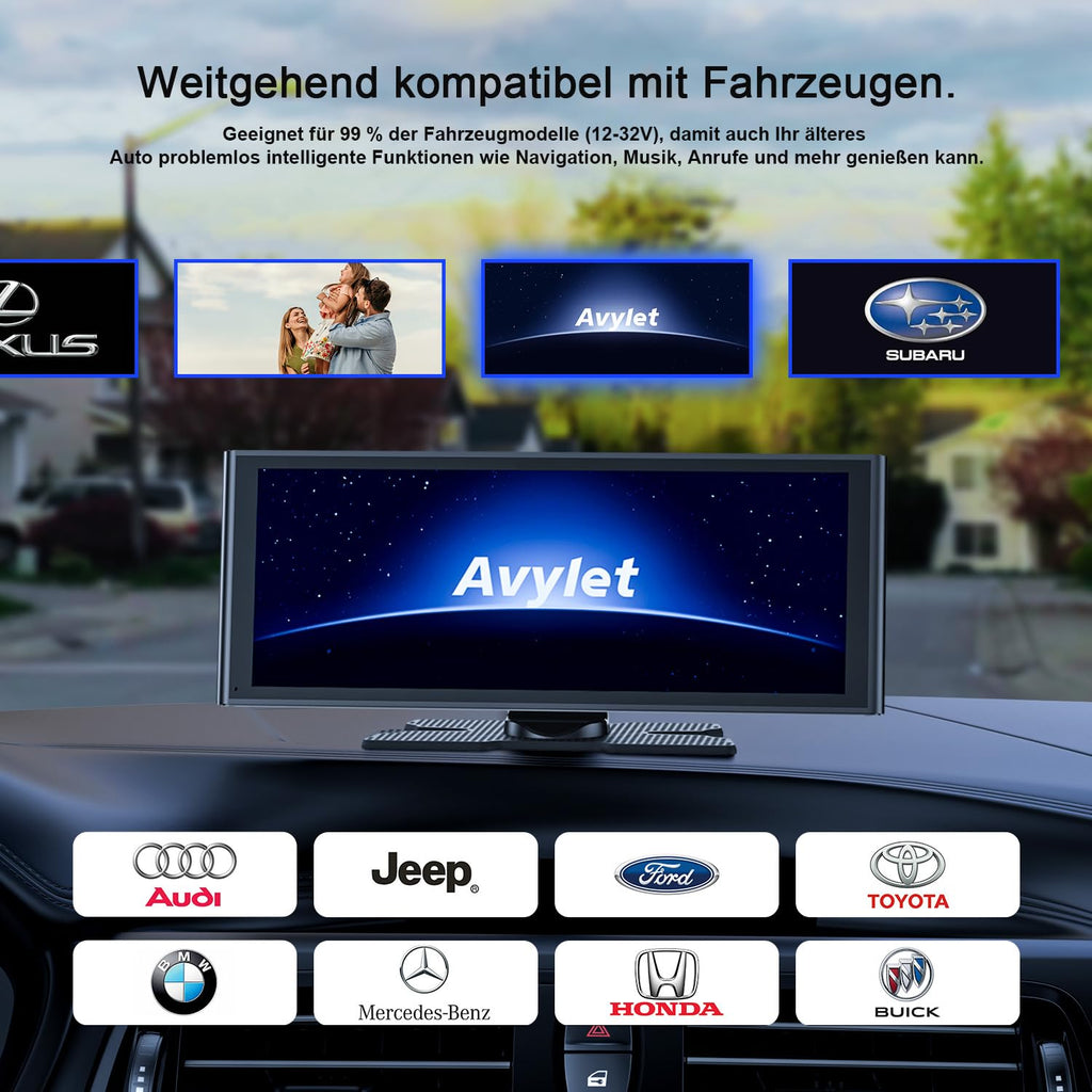 Avylet 9,26" Wireless Carplay Display für Apple Carplay & Android Auto, Tragbarers Carplay Autoradio mit IP67 Rückfahrkamera, OTA-Updates, GPS Navigation, Bluetooth 5.0, Mirror Link, FM/AUX