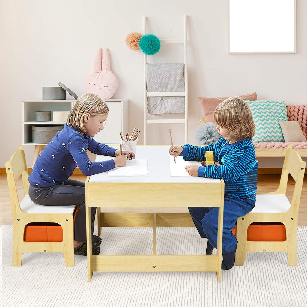 GOPLUS 3tlg. Kindersitzgruppe, 1 Kindertisch mit 2 Stühle, Kindermöbel Set aus Holz, Kindertischgruppe Indoor mit Stauraum, Maltisch für Kleinkind Mädchen Jungen