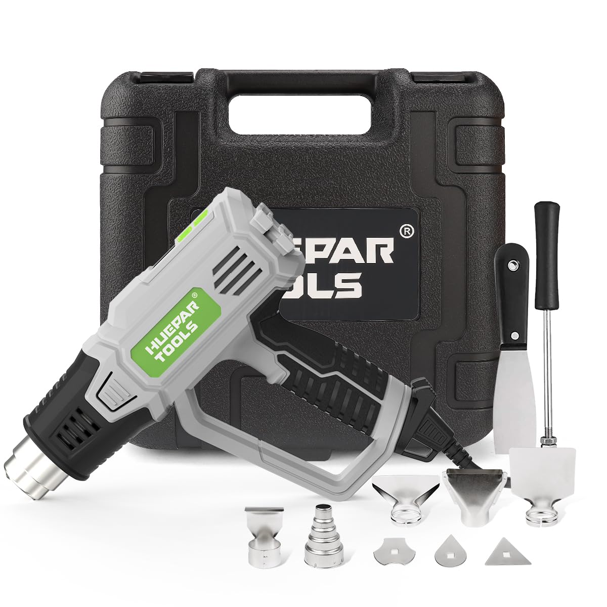 Huepar Tools Professional Heißluftpistole 2300 W mit LCD-Digitalanzeige, in Koffer, Temperaturbereich 50-660 °C, 10 Zubehör, Überlastschut