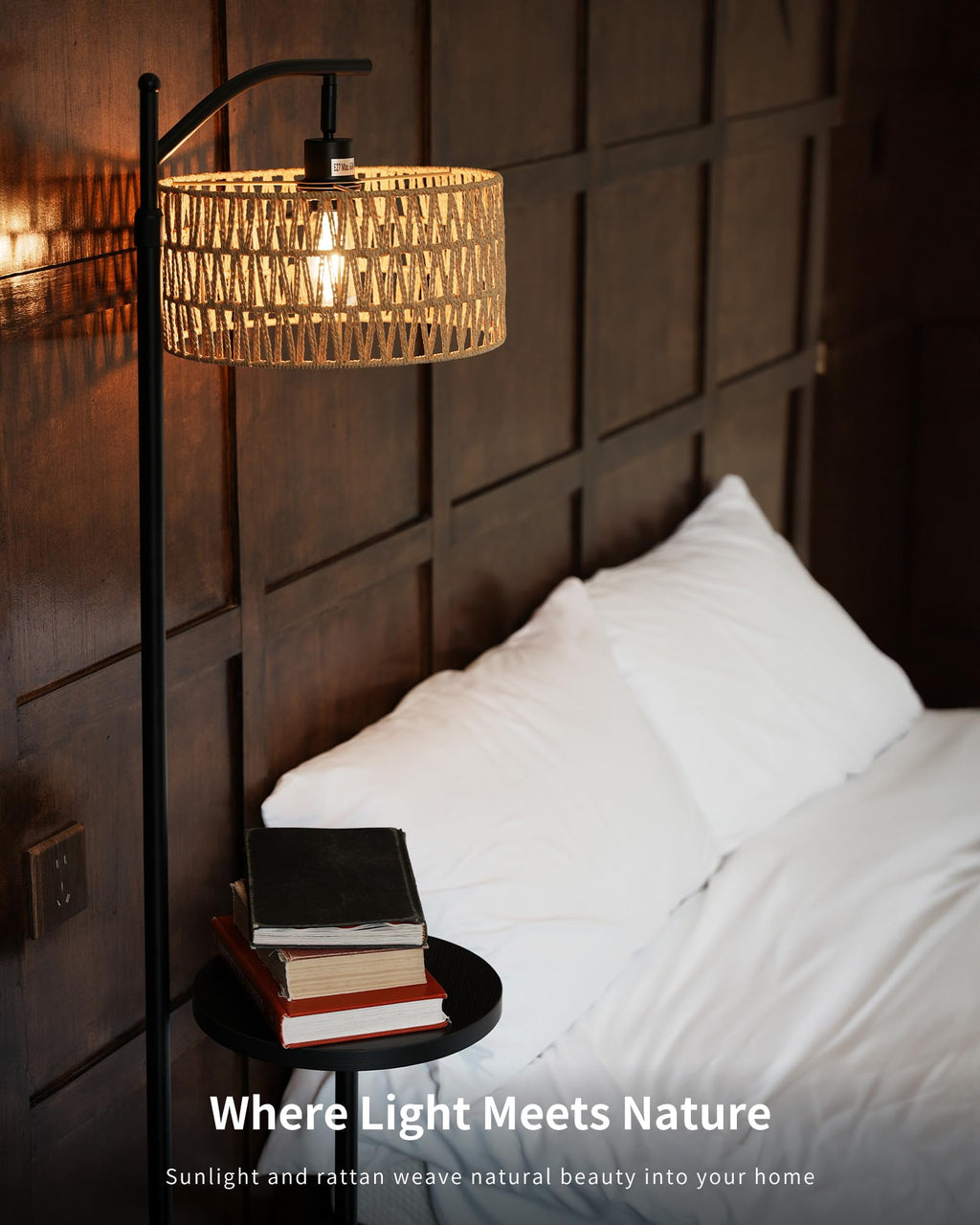LuminexDesigns Stehlampe Wohnzimmer Vintage Rattan - Stehleuchte Schwarz Retro E27 mit Ablage Höhenverstellbar 176CM Boho Standleuchte mit 2M Kabel Fußschalter Beige Standlampe für Schlafzimmer