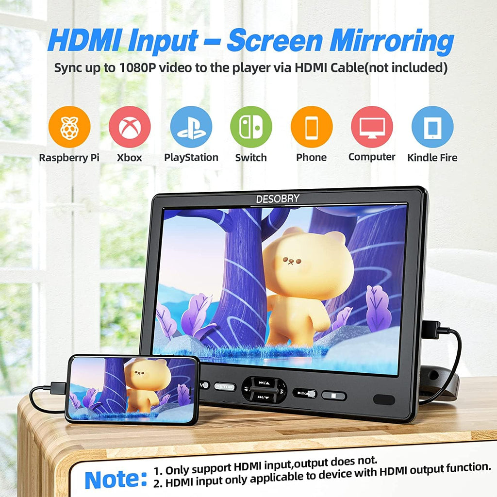 DESOBRY 10,5 Zoll Auto DVD Player mit Kopfstützenhalterung, tragbarer DVD-Player für Auto mit Kopfhörer, Disc-Eingang mit Saugnapf, Unterstützung von 1080P-Video, HDMI-Eingang, USB/SD-Kartenleser