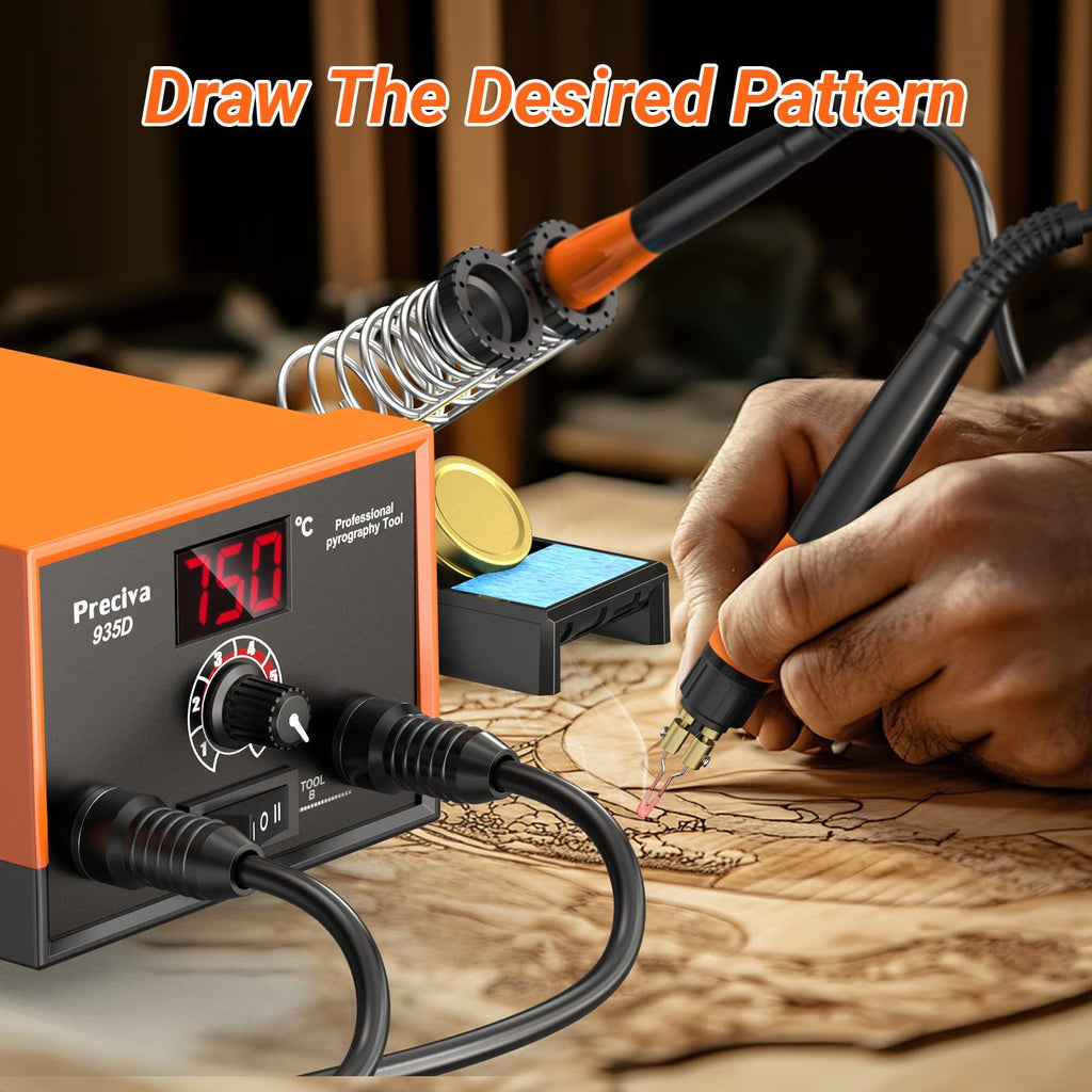 Brandmalstation, Preciva Brandmalerei Set 935D Bastelset Lötstation Lötkolben Set, Dual Brennkolben mit Displayanzeige 250-750 ℃ Holzbrennstation mit 20-teilig Spitzen für Holz, Leder und Kork DIY
