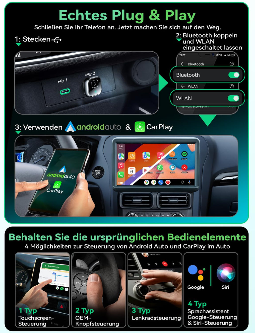 Wireless Carplay & Android Auto Adapter, Mavlou Metalldesign Mini & Stabiler 2-in-1-Dongle, Convert Wired CarPlay/Android Auto zu Wireless, für iOS 10+/Android 11+ & Autos ab 2016 (Schwarz)