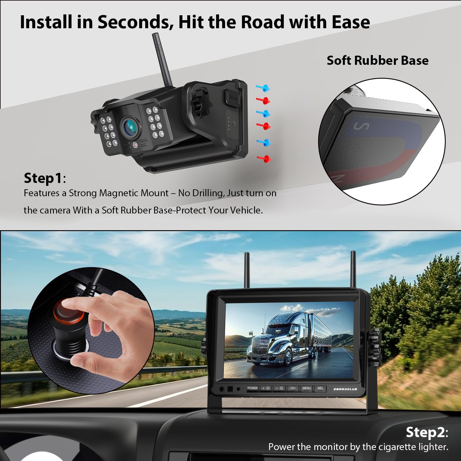 Magnetische Rückfahrkamera Kabellos, 7 Zoll 1080P FHD Monitor, 9600mAh Wiederaufladbare Akku, 1-Min Einrichtung, IP69K Wasserdicht Rückfahrkameras für Wohnmobile,Anhänger und LKWs