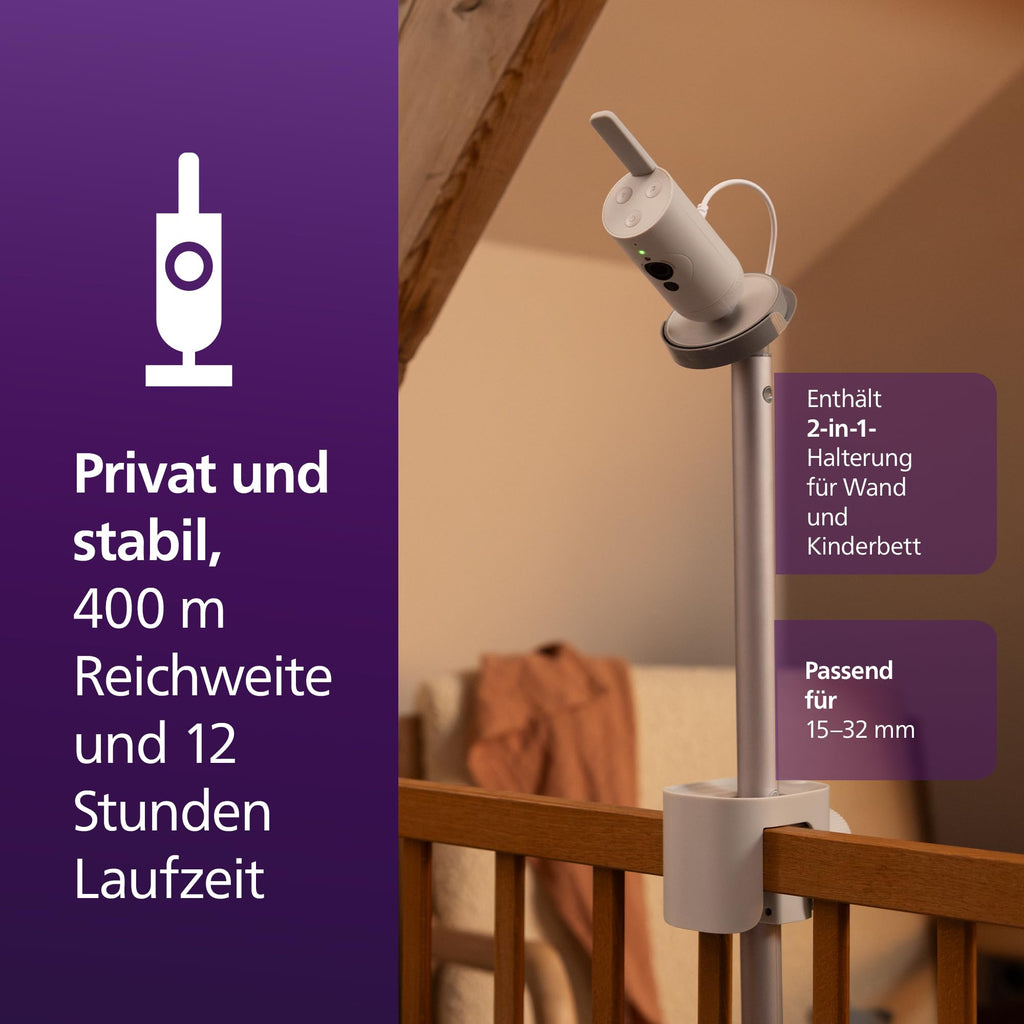 Philips AVENT Philips Premium Connected Videophone, das bisher Beste Babyphone, Schlaf- und Atmungs-Tracking mit KI, Schrei-Interpretation, DEKRA Zertifiziert privat und sicher, SCD973/26