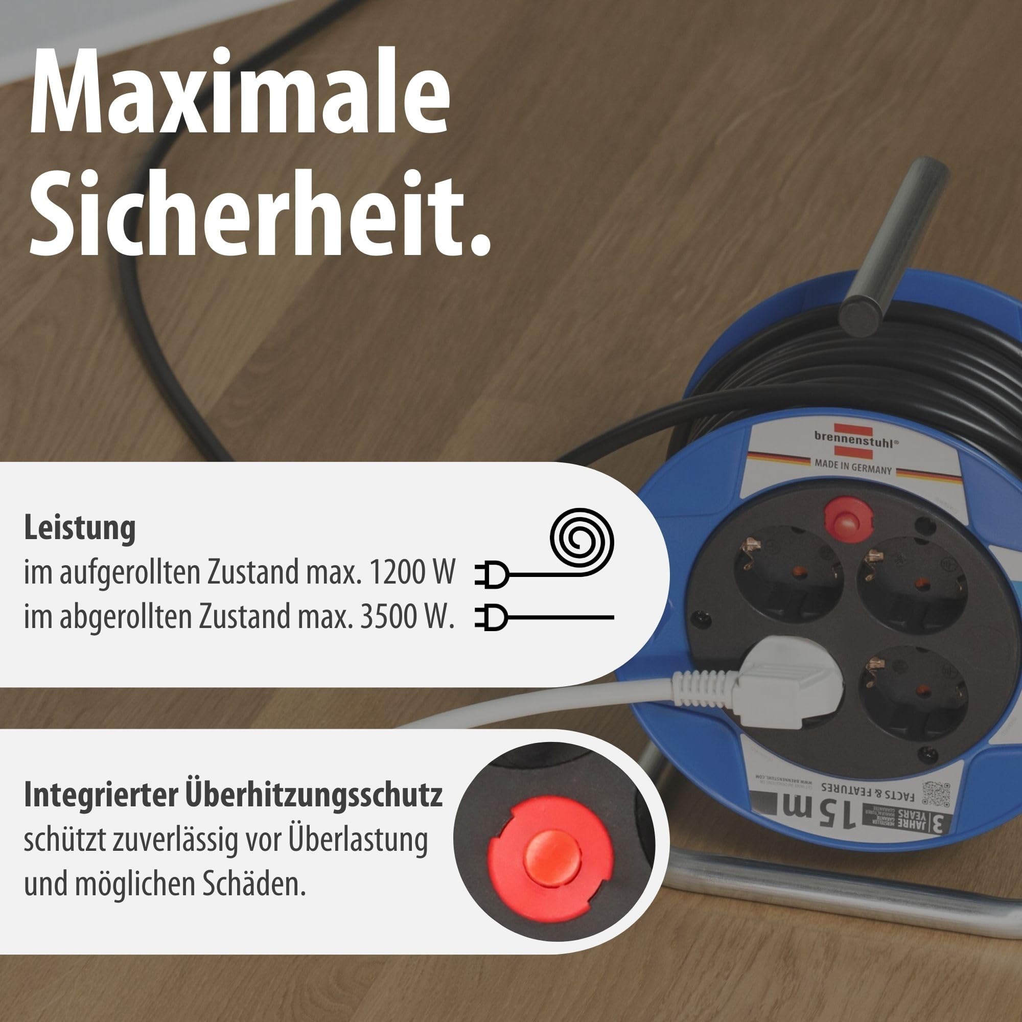 Brennenstuhl Garant Kompakt Kabeltrommel/Kabelrolle mit 4 Steckdosen (15m Kabel in schwarz, aus Spezialkunststoff, Made in Germany)
