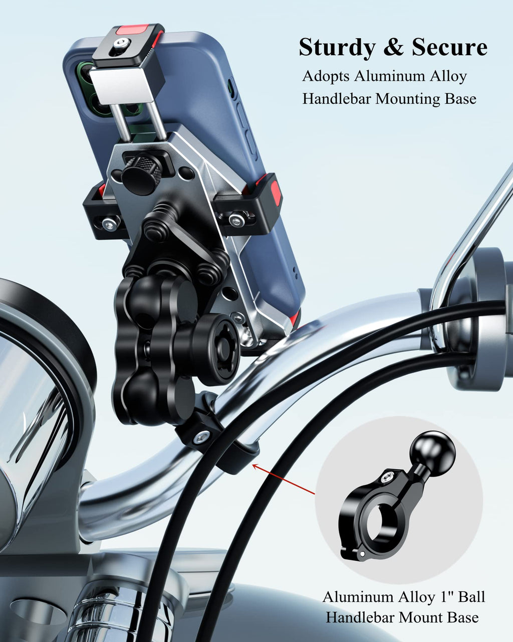 BRCOVAN Aluminiumlegierung Motorrad Handyhalterung mit Vibrationsdämpfer, Verstellbar Handy Motorradhalterung, Diebstahlsichere Lenker Handyhalter für Fahrrad, Roller, ATV, für 4,7-7,2 Zoll Smartphone