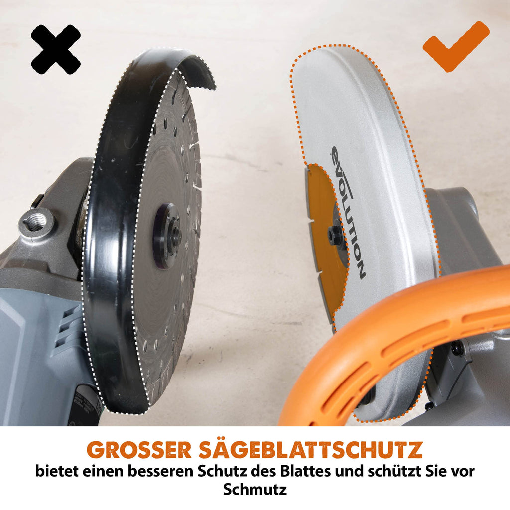 Evolution R255DCT Betonsäge Elektrische Steinsäge 2000W Steinschneidemaschine 255 mm Scheibendurchmesser Sägeblatt Premium Diamantblatt, 102.5 mm Schnitttiefe, schneidet Mauerwerk Gehwegplatten Beton