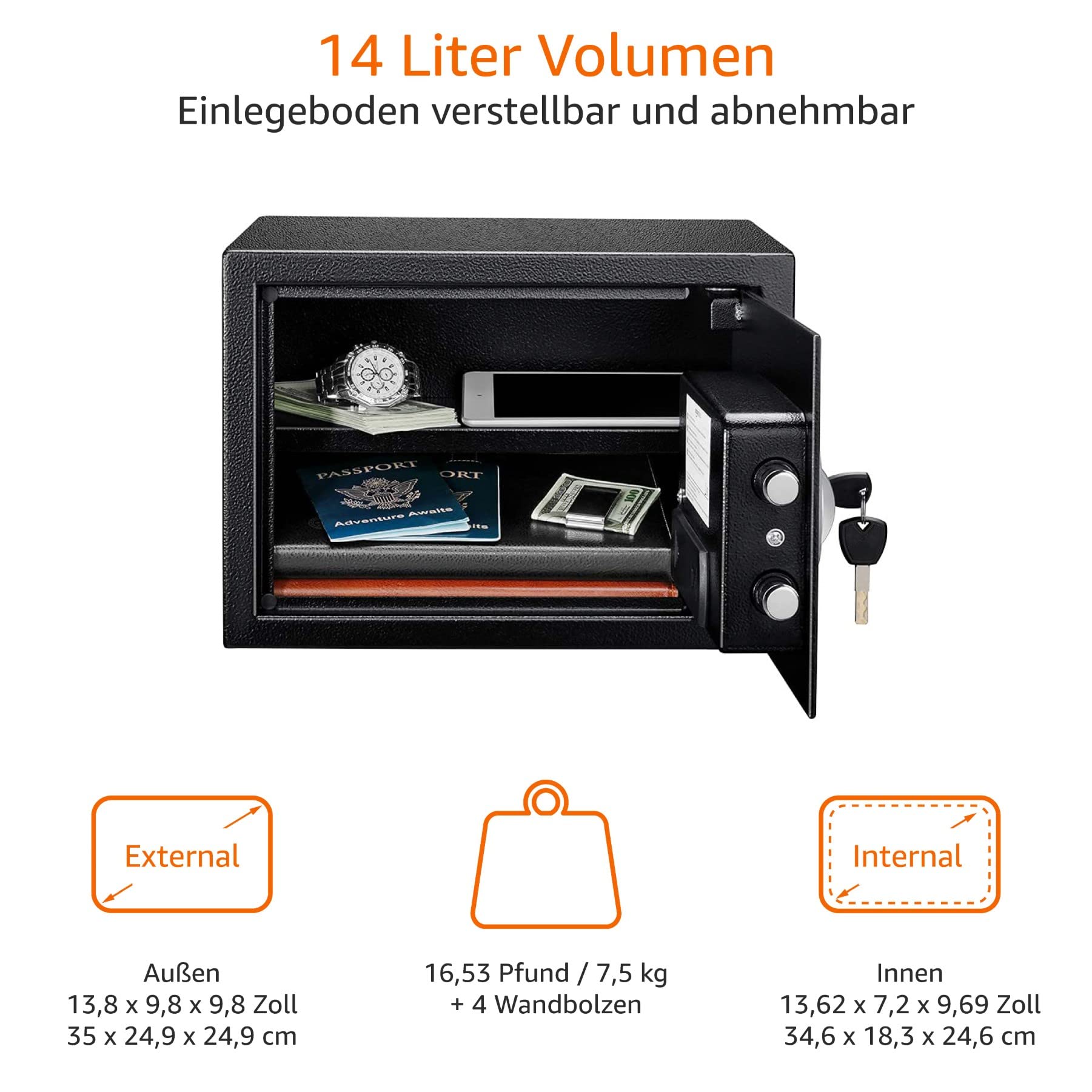 Amazon Basics Tresor aus Stahl, Sicherheit für Zuhause, mit digitaler Tastatursperre – für Bargeld, Schmuck, Ausweise, Dokumente, 14 l, 35cm x 25cm x 25cm (B x T x H), Schwarz