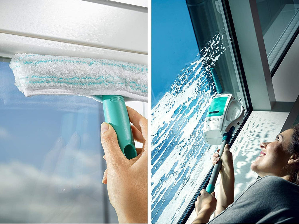 Leifheit Fenstersauger Set Dry & Clean mit Stiel und Einwascher für 360° streifenfreie Reinigung, Fensterreiniger verwendbar bis zu 38 min, Fensterputzer mit Stand-by-Automatik und Click-System