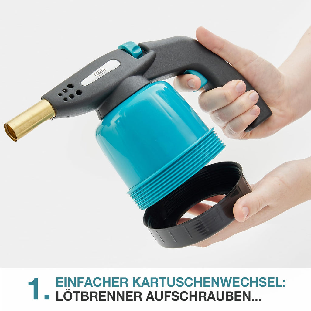 TOM Gas-Lötbrenner im Set – inkl. 4 x 190 g Universal Gaskartuschen – 1300°C – Lötlampe zum Weich- oder Hartlöten – Piezozündung – Bunsenbrenner Gasbrenner (Lötbrenner mit 4 Gaskartuschen)