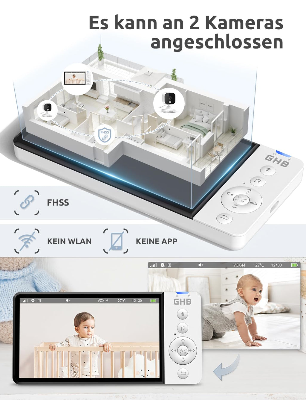 GHB Babyphone mit Kamera 5 Zoll 720P HD 5000mAh IPS-Display VOX-Modus 4X Zoom Nachtsicht Gegensprechen Temperaturanzeige Nicht drehbar