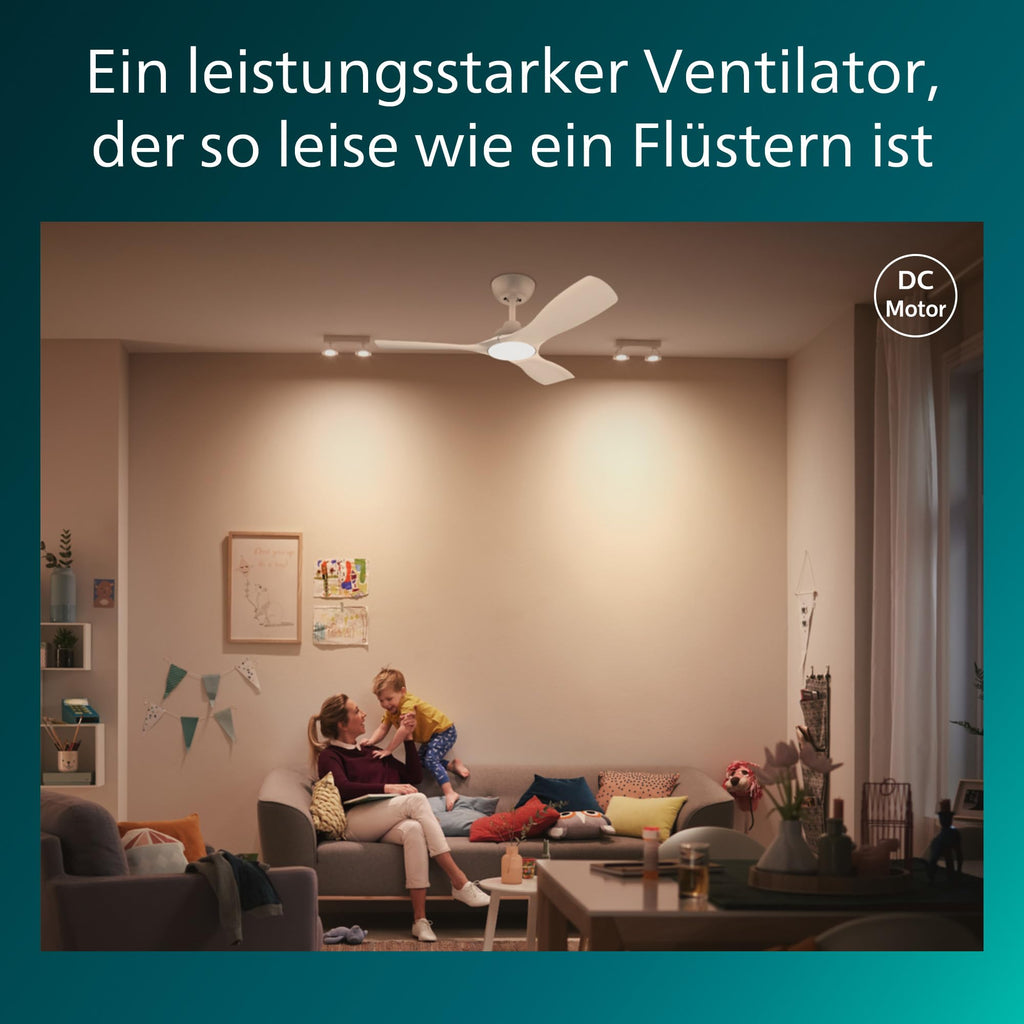 Philips Deckenventilator mit festem Flügel, 3 Flügel, klein (42"), 28 W LED-Licht, Gleichstrommotor, Farbtemperaturbereich (3000 K, 4300 K, 6500 K) mit Dimmfunktion, inkl. Fernbedienung