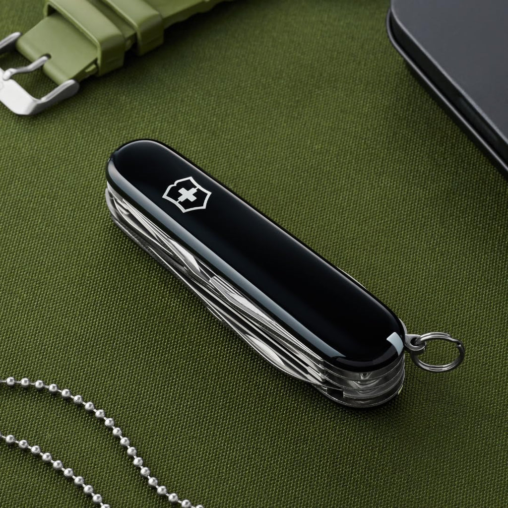 Victorinox Schweizer Taschenmesser Huntsman, Multitool, Swiss Army Knife mit 15 Funktionen, Klinge, Korkenzieher, Dosenöffner, Faltschachtel, Schwarz