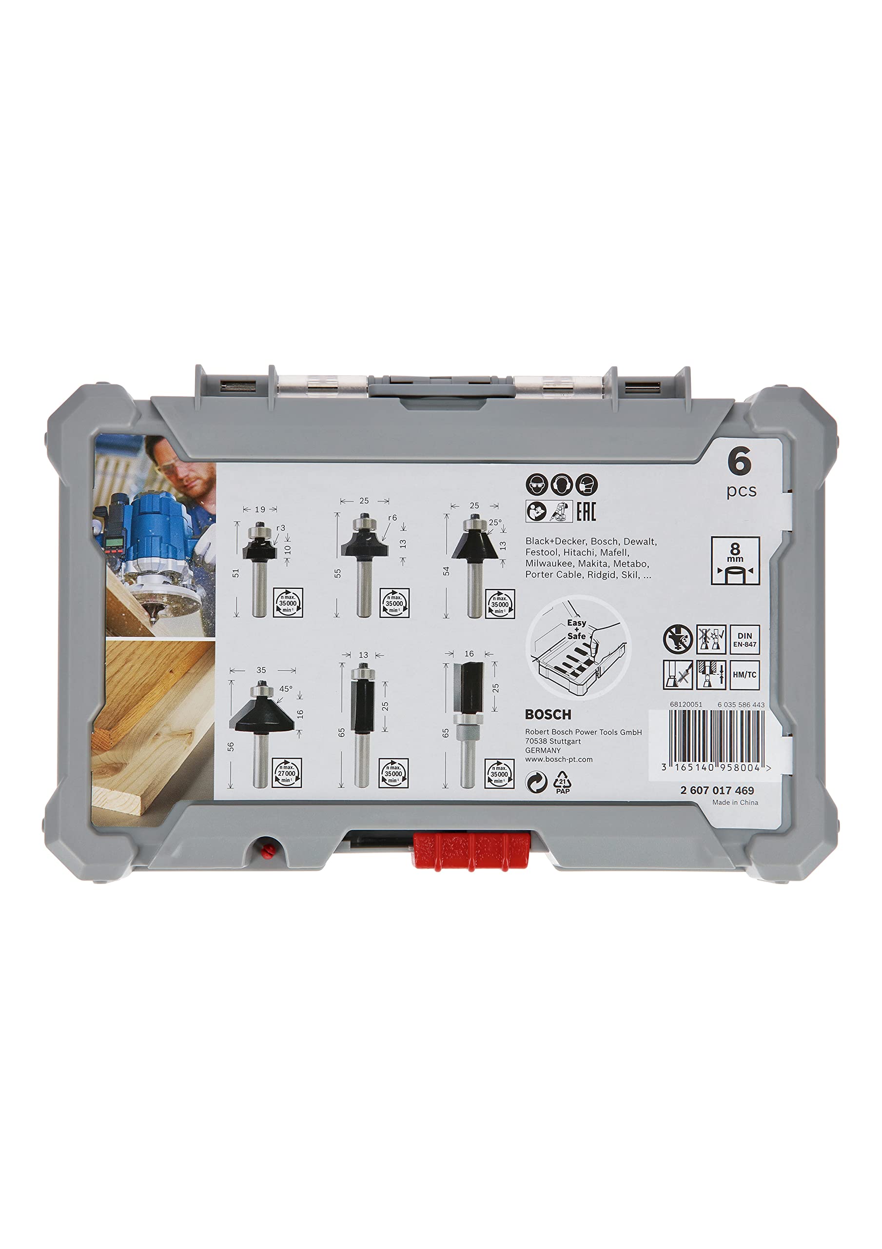 Bosch 6x PRO Rand- und Kantenfräser-Set, 6-tlg. (für Weichholz, Hartholz, Ø 19, 25, 25, 35, 13, 16 mm, Professional Zubehör Handfräse, Kantenfräse)