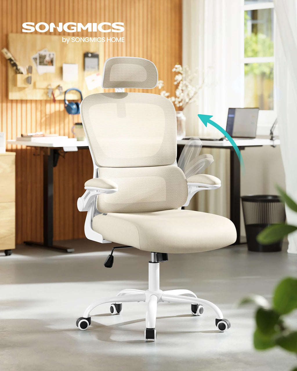 SONGMICS Bürostuhl, Schreibtischstuhl, ergonomischer Netzstuhl, mit doppellagigem Netzgewebe, atmungsaktiv, Adaptive Lendenstütze, verstellbare Kopfstütze, für Homeoffice, sandbeige OBN041L01