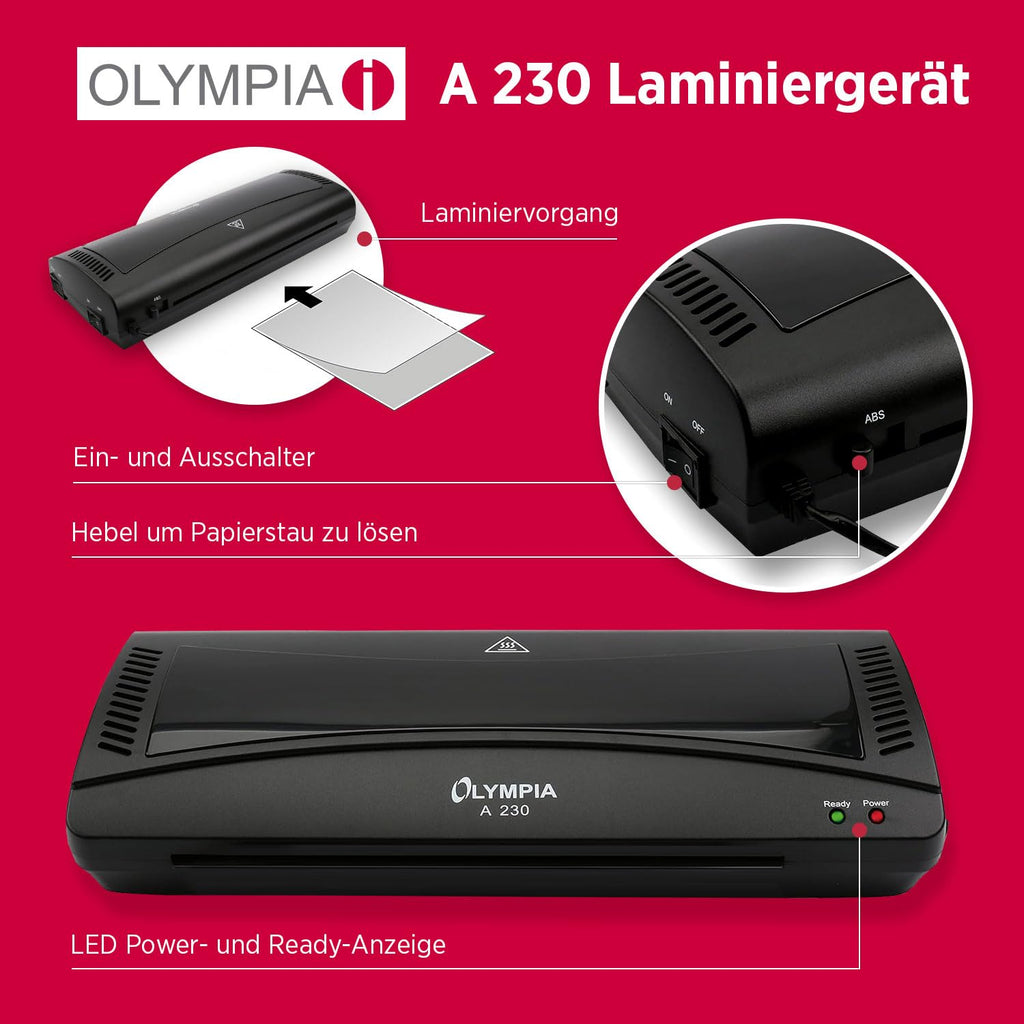 Olympia A 230 Laminierset 4-in-1 | Heiß- und Kaltlaminierung | Laminiergerät mit Eckenrunder, Papierschneider & Laminierfolien | Blasenfreies Laminieren | Überhitzungsschutz | Laminiergerät A4