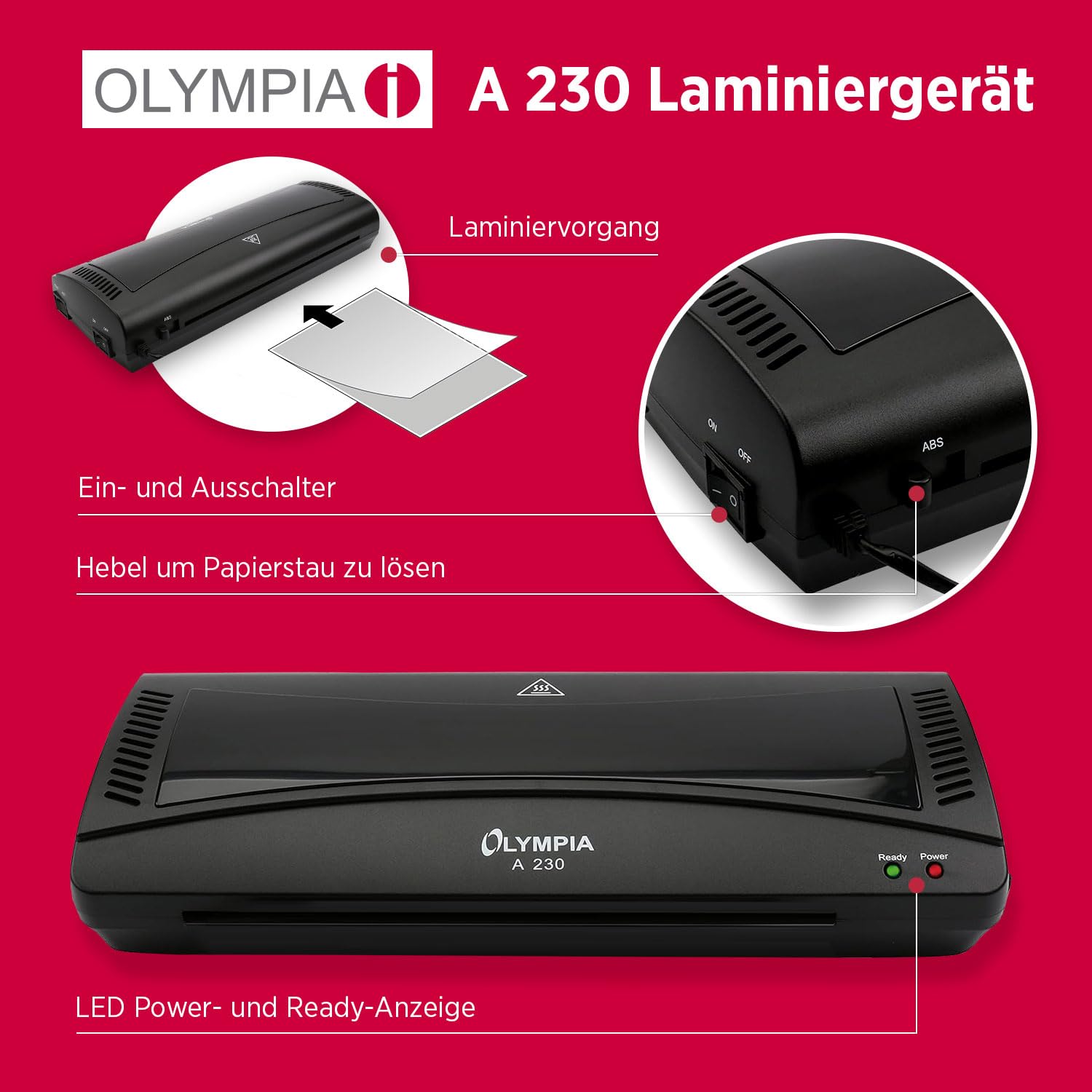 Olympia A 230 Laminierset 4-in-1 | Heiß- und Kaltlaminierung | Laminiergerät mit Eckenrunder, Papierschneider & Laminierfolien | Blasenfreies Laminieren | Überhitzungsschutz | Laminiergerät A4
