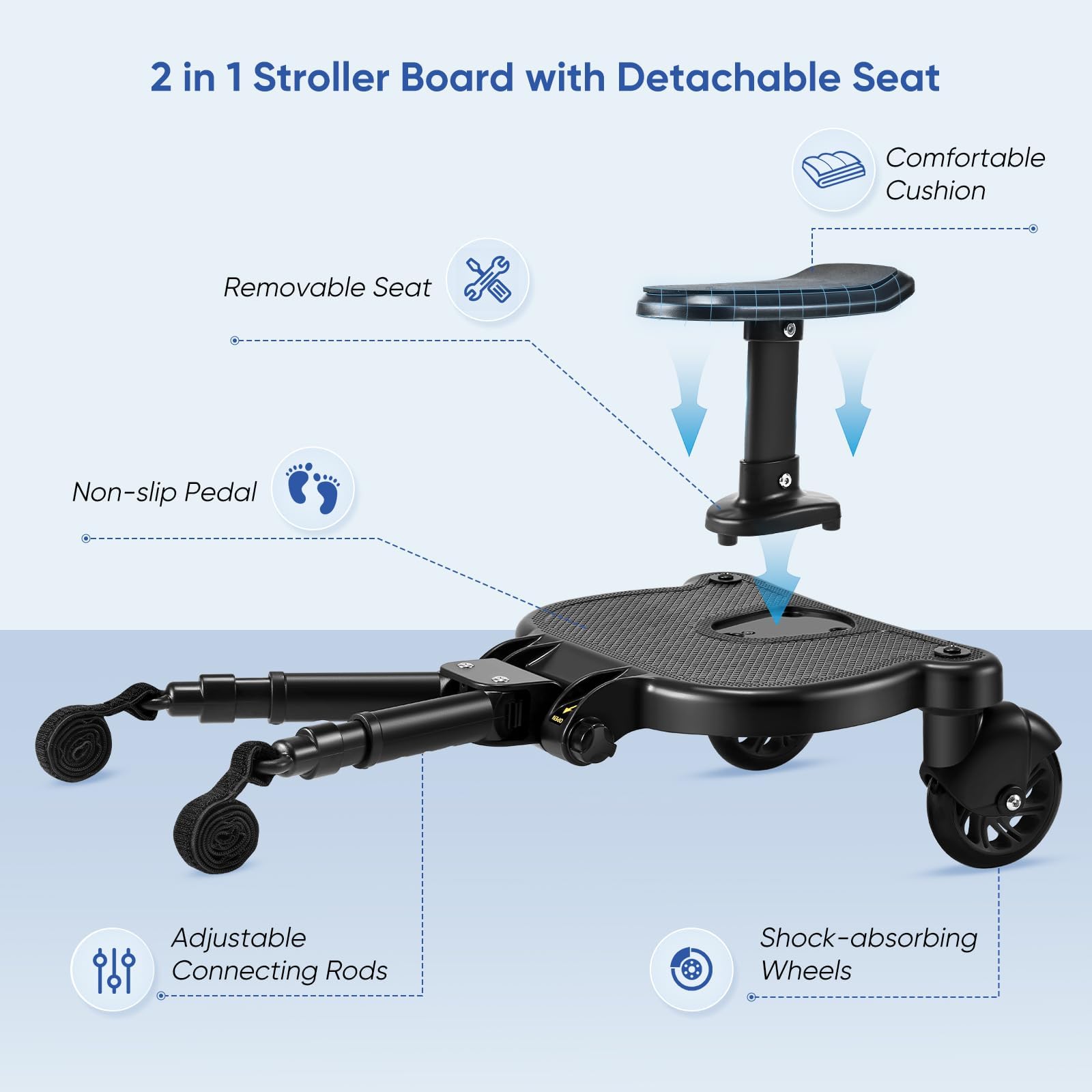 ENERHUB Buggy Board mit Sitz, Buggy Board für alle Kinderwagen, Trittbrett Mitfahrbrett universal, Kiddy Board für Kinder von 2-6 Jahren, Bearing 25KG (Schwarz)