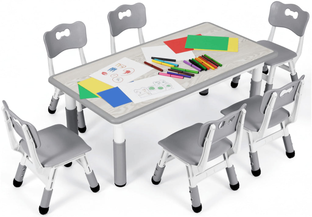 MAMIZO Kindertisch Packung mit 6 Stühlen, Kindertischgruppe Höhenverstellbar, Kinder Tisch Stuhl Set für Kindergarten und Kinderzimmer, Plastik Kindermöbel, Sitzgruppe Jungen Mädchen ab 2 Jahre, Grau