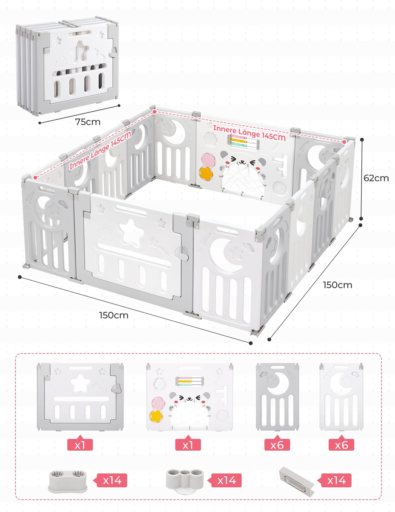 Dripex Laufstall Baby faltbar 150x150x62cm (14 Paneele) mit Spielboard, Laufgitter Baby, Kinderlaufstall & Babyzaun aus strapazierfähigem Plastik, Playpen für Innen & Außen, Grau