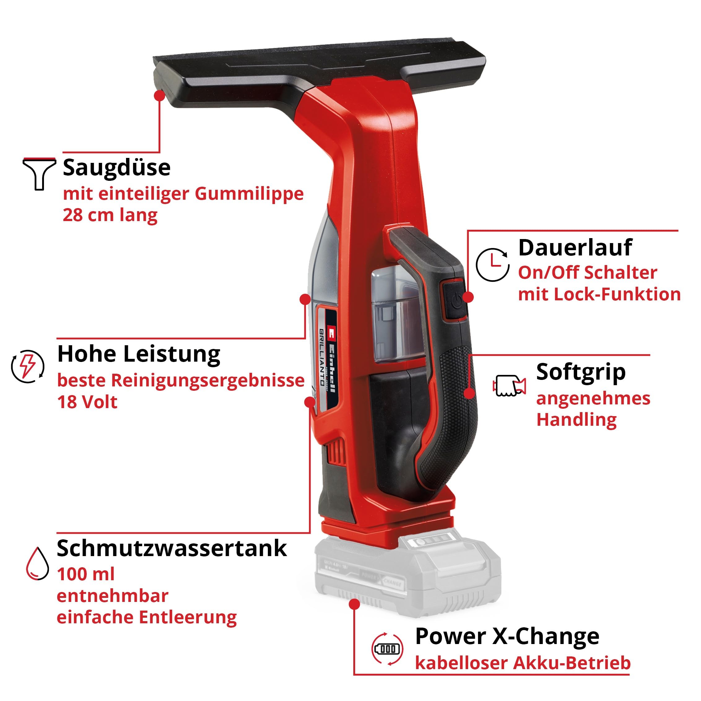 Einhell Akku-Fensterreiniger BRILLIANTO Power X-Change (18 V, 28 cm Lange Saugdüse, streifenfreie Reinigung, inkl. Sprühflasche mit Mikrofasertuch, ohne Akku)