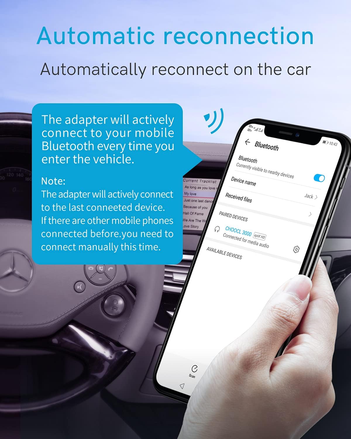 CHOOCL Bluetooth-Auto-Adapter für 2008–2012 Mercedes-Benz mit AMI-Anschluss, Bluetooth Receiver mit aptX-HD-Sound und AMI-Kabel