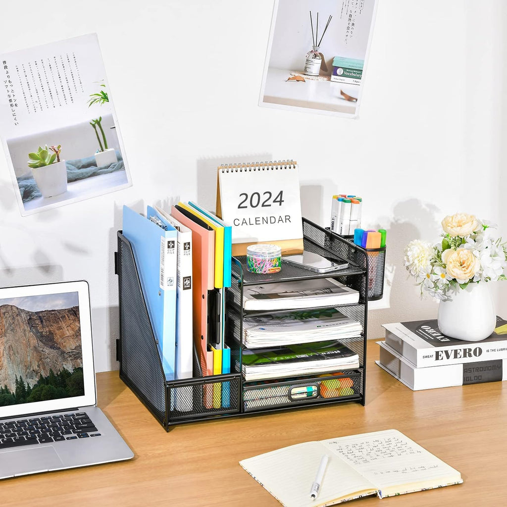 Marbrasse Schreibtisch Organizer mit Aktenhalter, 5 Ebenen Papier Briefablage mit Schublade und 2 Stiftehalter,Schreibtisch Netz Ablagefächer Organizer mit für Büro Bedarf (Schwarz)