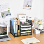 Marbrasse Schreibtisch Organizer mit Aktenhalter, 5 Ebenen Papier Briefablage mit Schublade und 2 Stiftehalter,Schreibtisch Netz Ablagefächer Organizer mit für Büro Bedarf (Schwarz)