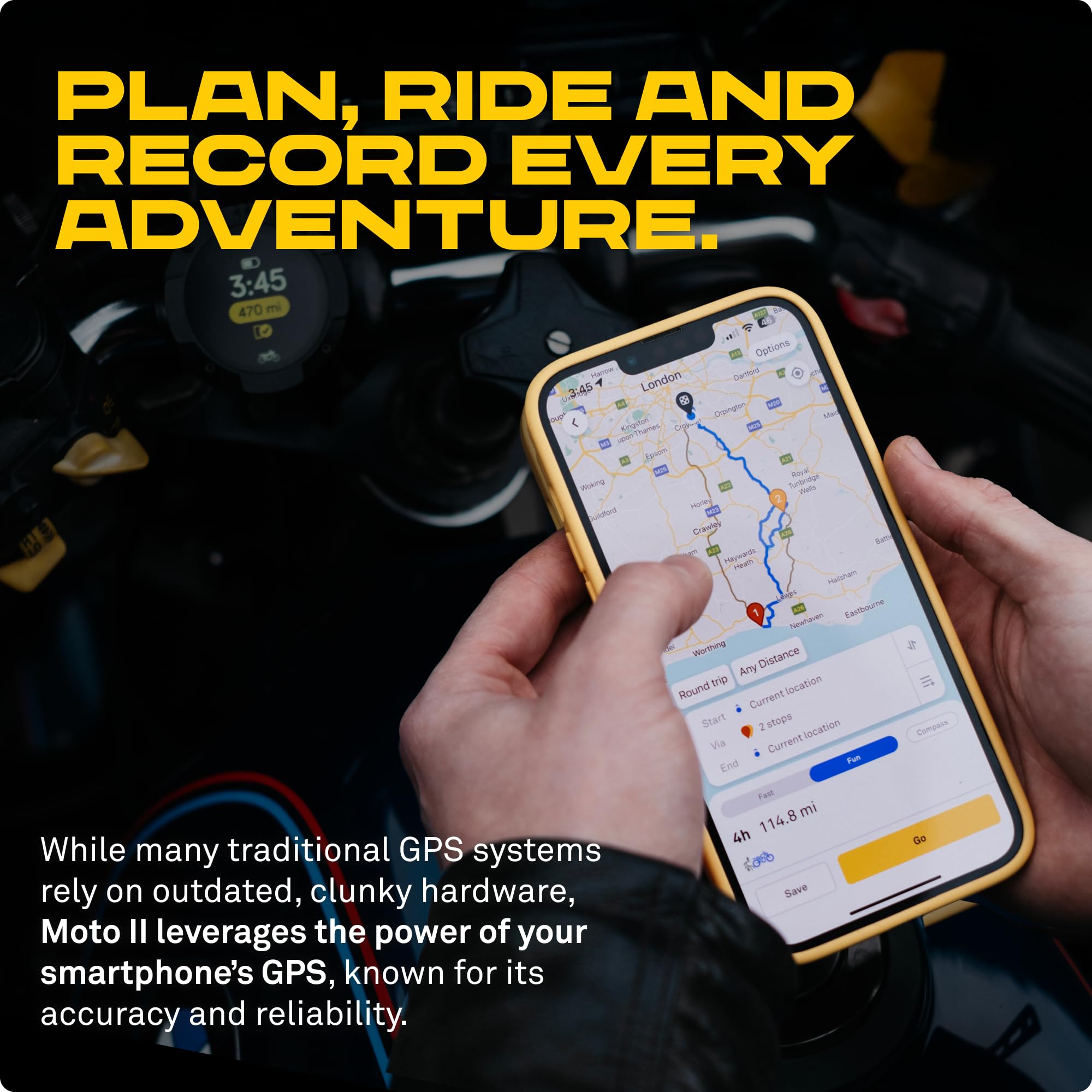 Beeline Moto II - Navigationsgerät für Motorräder | Globale Navigation | Minikarten-Schnittstelle | 14 Stunden Akkulaufzeit | IP67 Wasser- und stoßfest | USB-C-Aufladung mit Riemenhalterung