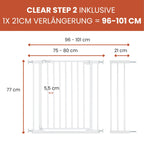 hauck Clear Step 2 + 21 cm Verlängerung, Weiß - Kinderschutzgitter Hundegitter, Verstellbare Breite 96-101 cm, 77 cm Hoch, Flacher Einstieg, Einhand Öffnung, ohne Bohren, für Innen