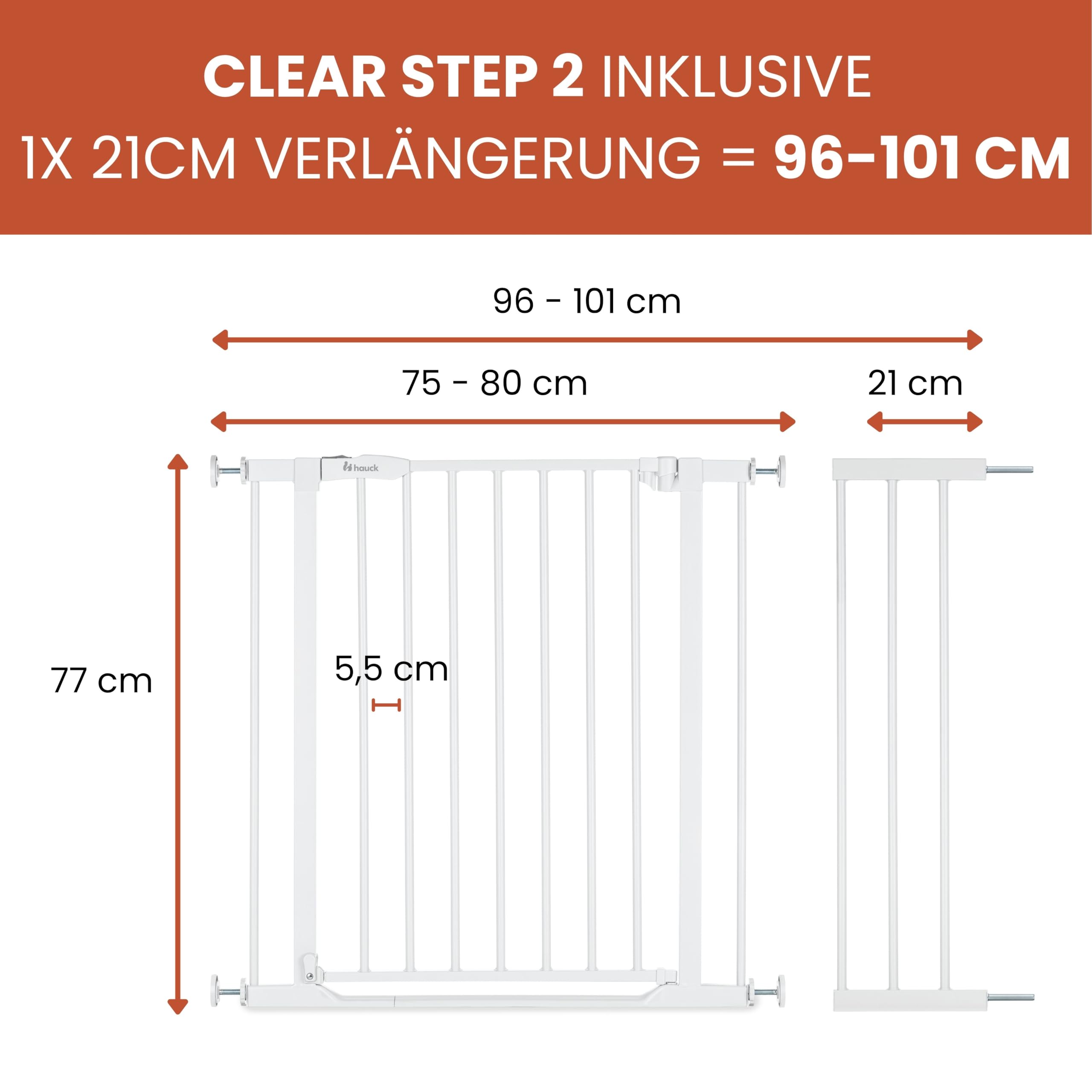 hauck Clear Step 2 + 21 cm Verlängerung, Weiß - Kinderschutzgitter Hundegitter, Verstellbare Breite 96-101 cm, 77 cm Hoch, Flacher Einstieg, Einhand Öffnung, ohne Bohren, für Innen